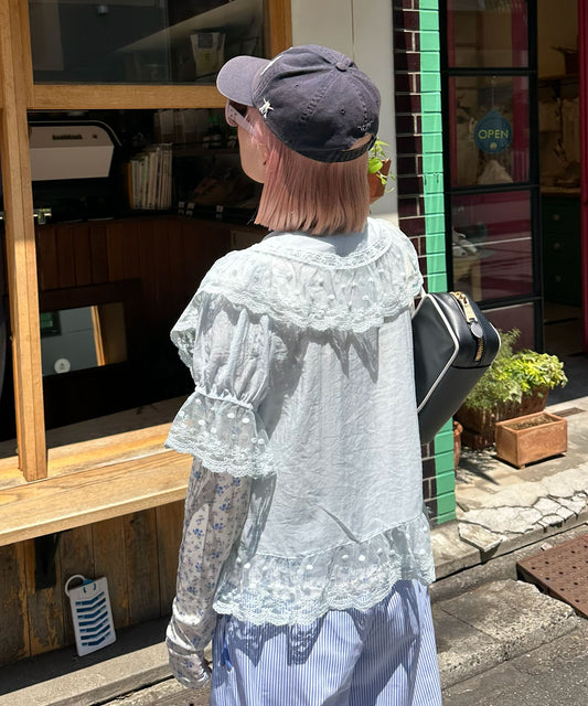 フリル&レース半袖ブラウス【サックスブルー】