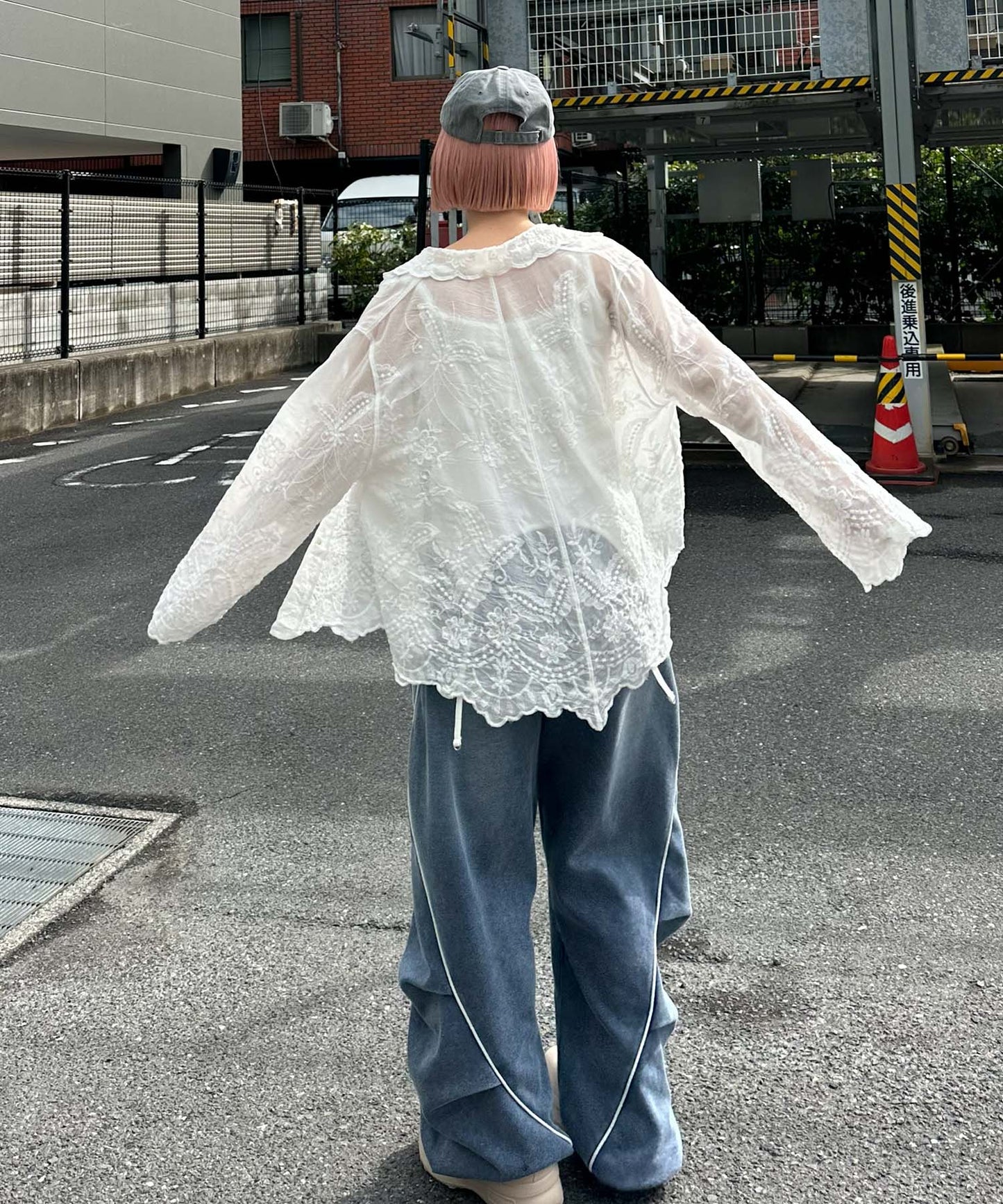 パイピングウォッシュ加工イージーパンツ【ブルー】