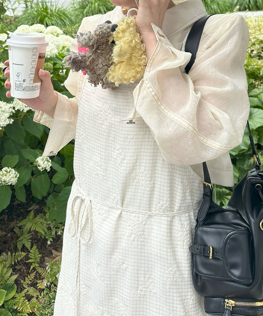 チェック&刺繍スカラップ巻きエプロン【アイボリー】