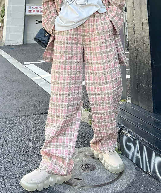 【セットアップで着られる】チェックイージーパンツ【ピンク】