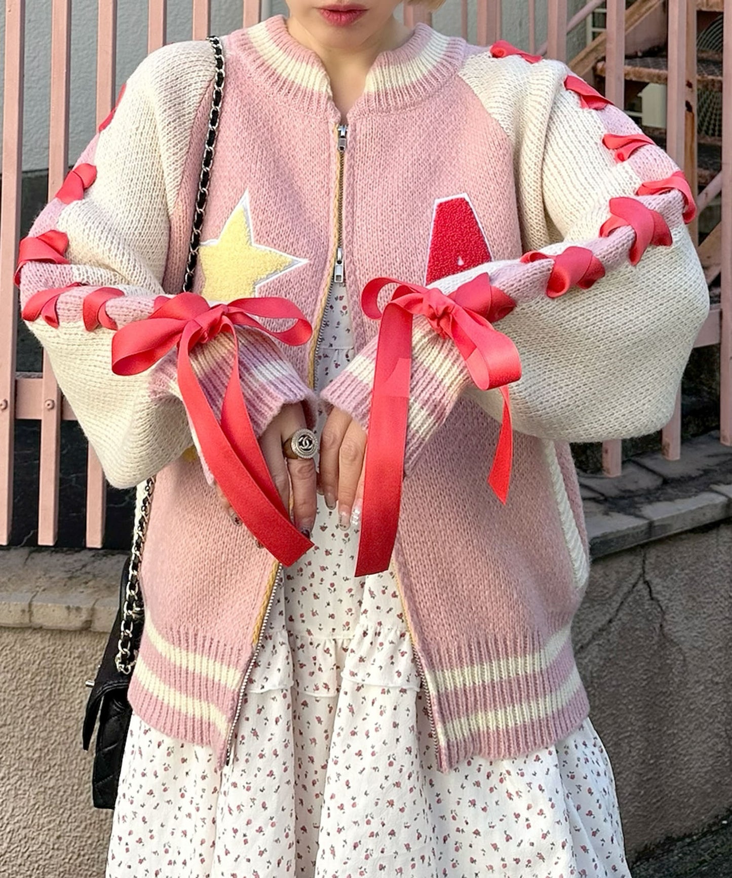 袖リボンALLEYニットスタジャン【ピンク】