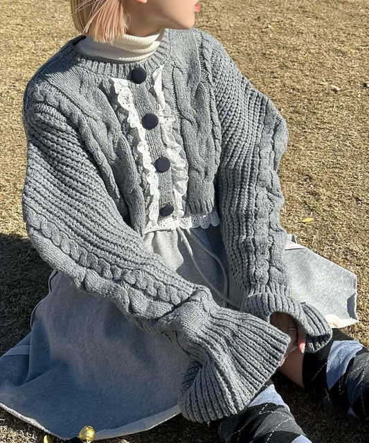 レースフリルくるみボタンカーデ【グレー】