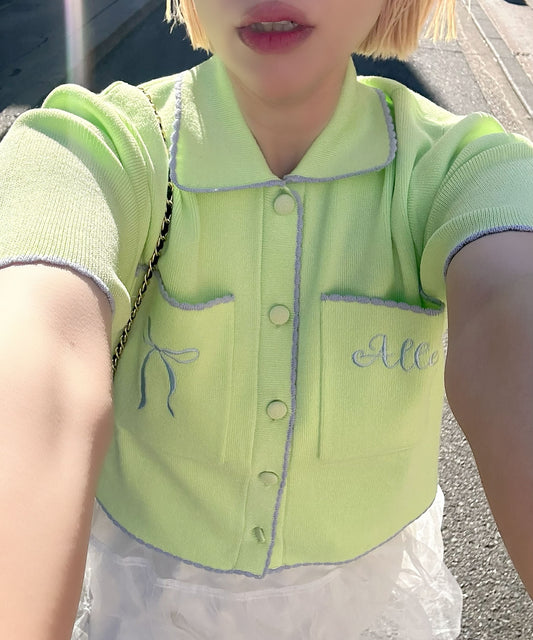 レトロなラメポロカーデ【ライム】