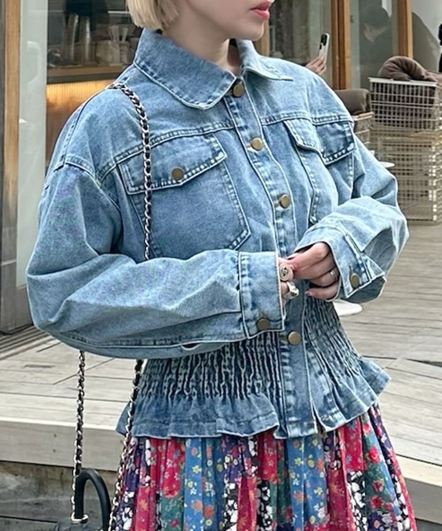 古着っぽケミカルデニムブルゾン【ブルー】