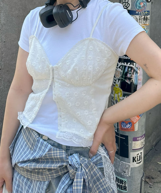 コルセット切替コットンレースキャミ【オフホワイト】