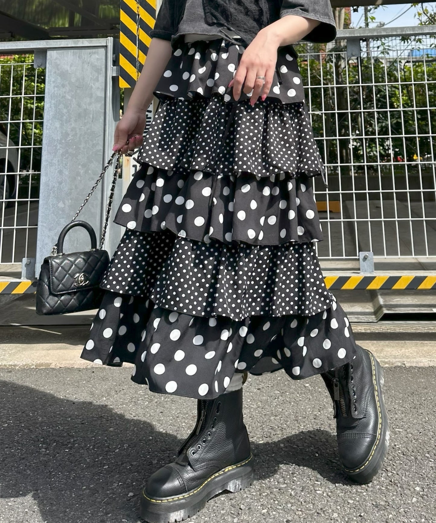 いろんな柄ティアードボリュームスカート【ドットブラック】