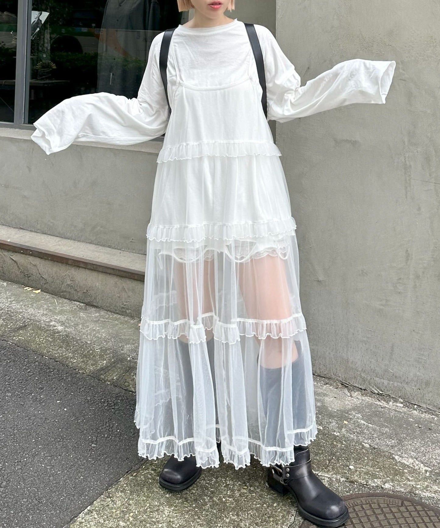 フリルティアードキャミワンピ【ホワイト系その他】