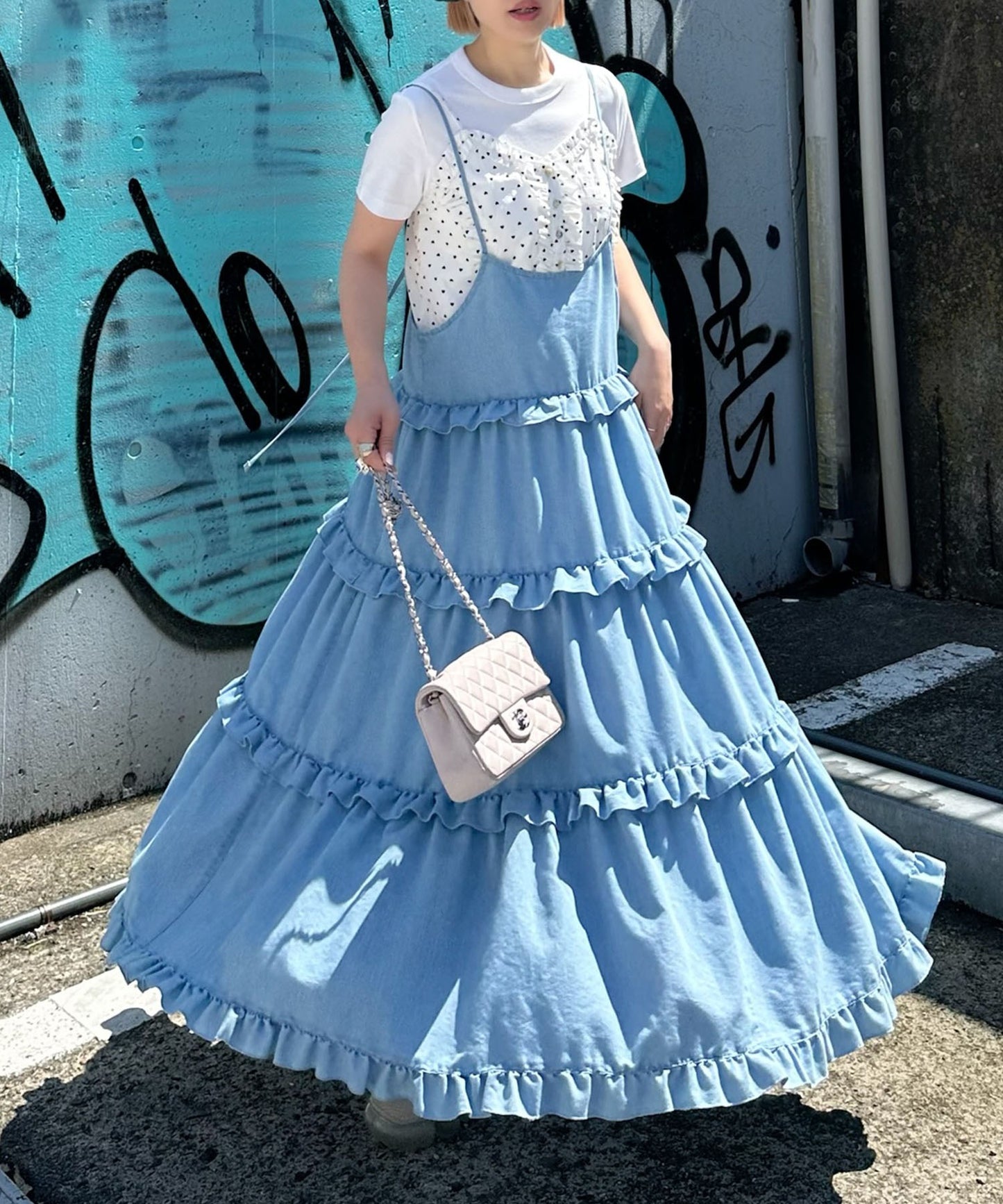 フリルティアードキャミワンピ【サックスブルー】