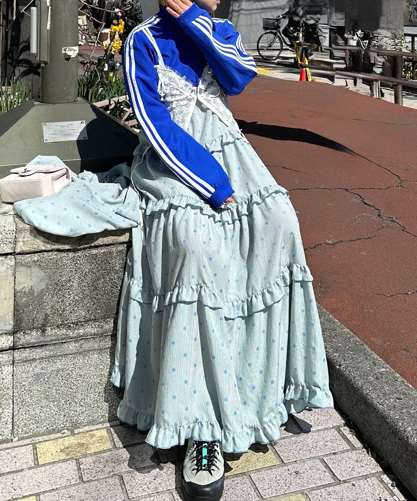 フリルティアードキャミワンピ【サックスブルー系】