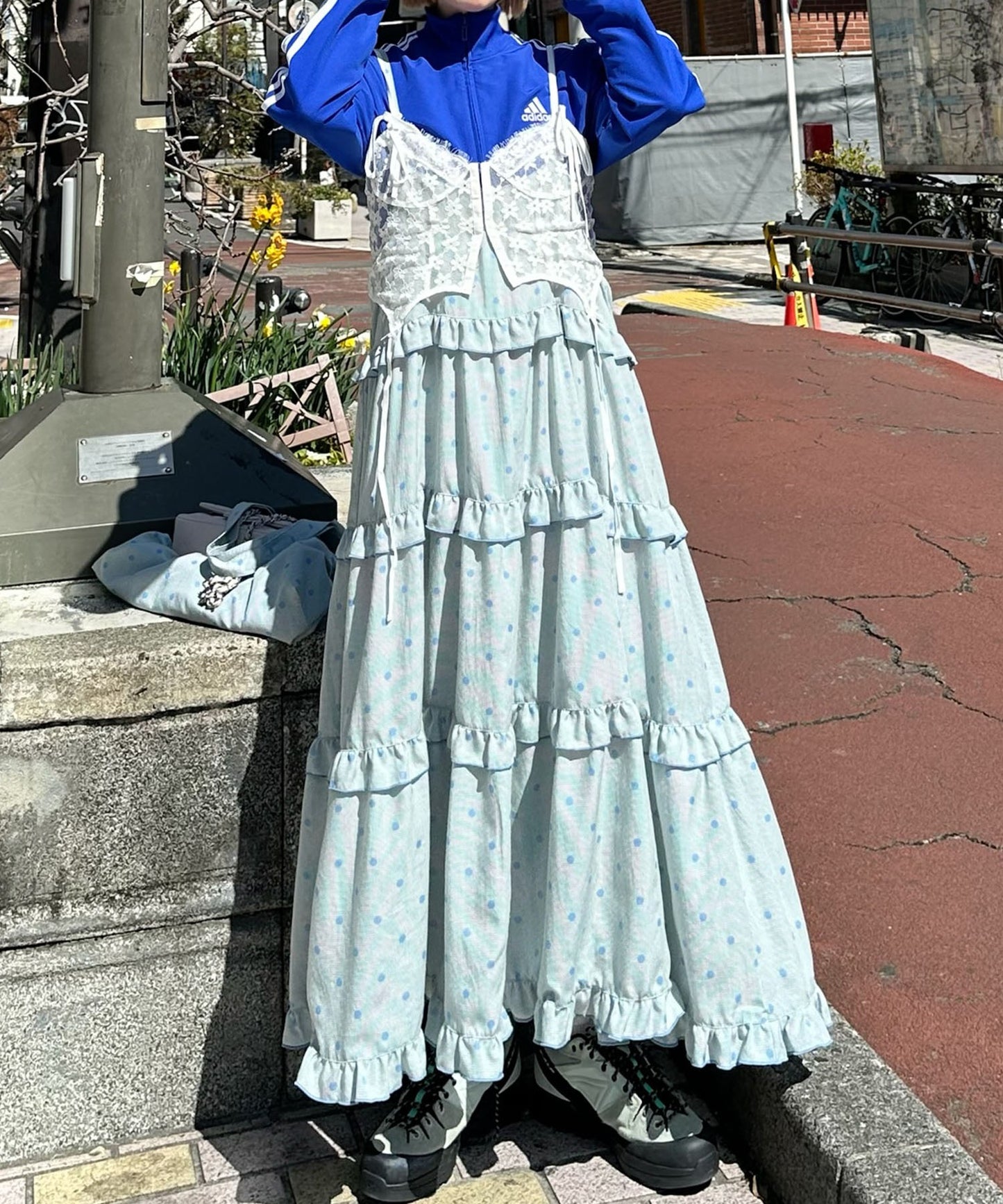 フリルティアードキャミワンピ【サックスブルー系】