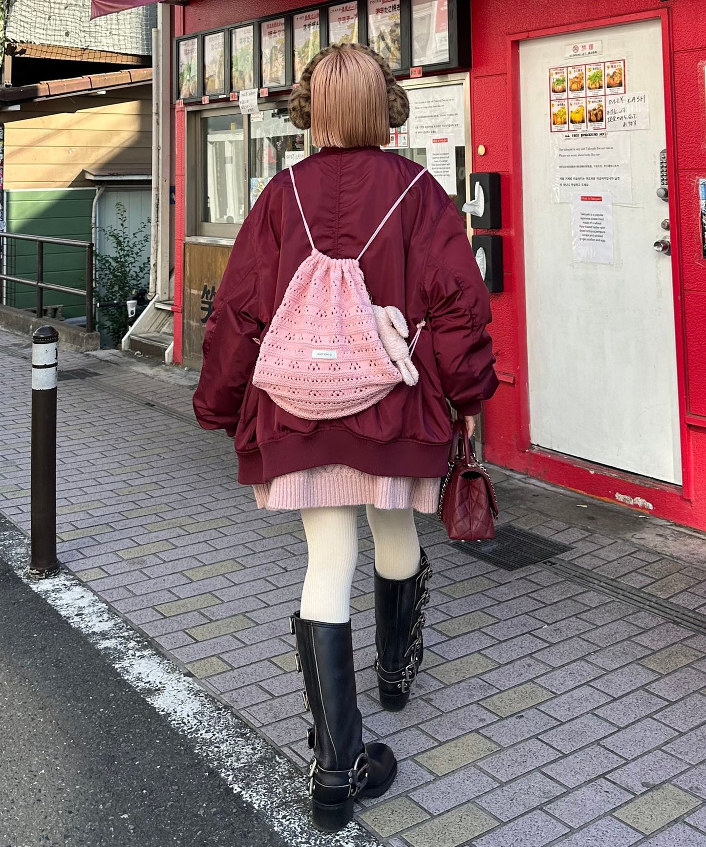カギ針あみニット巾着リュック【ピンク】