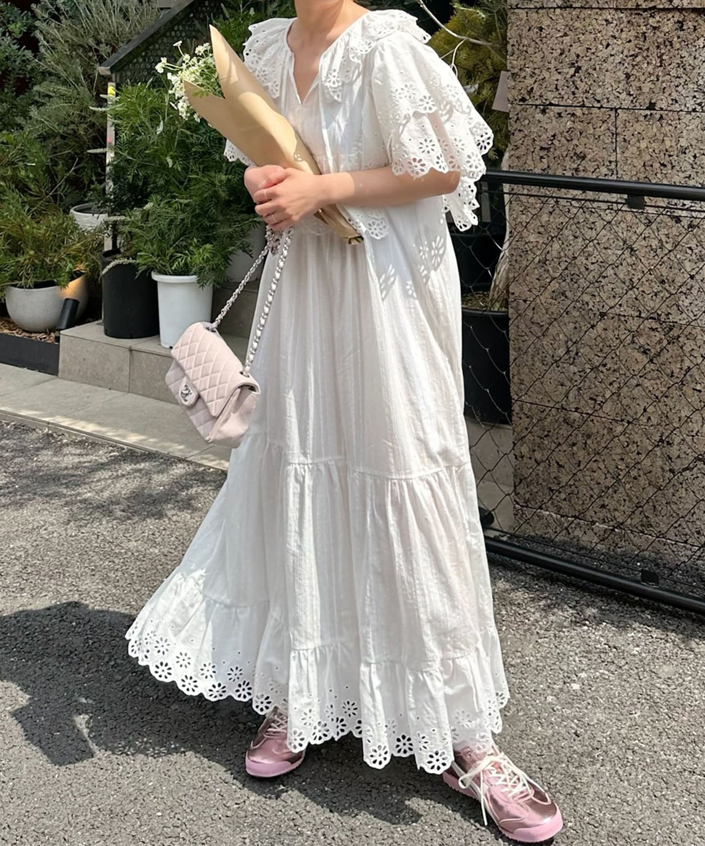 レースどっさり半袖ワンピース【ホワイト】