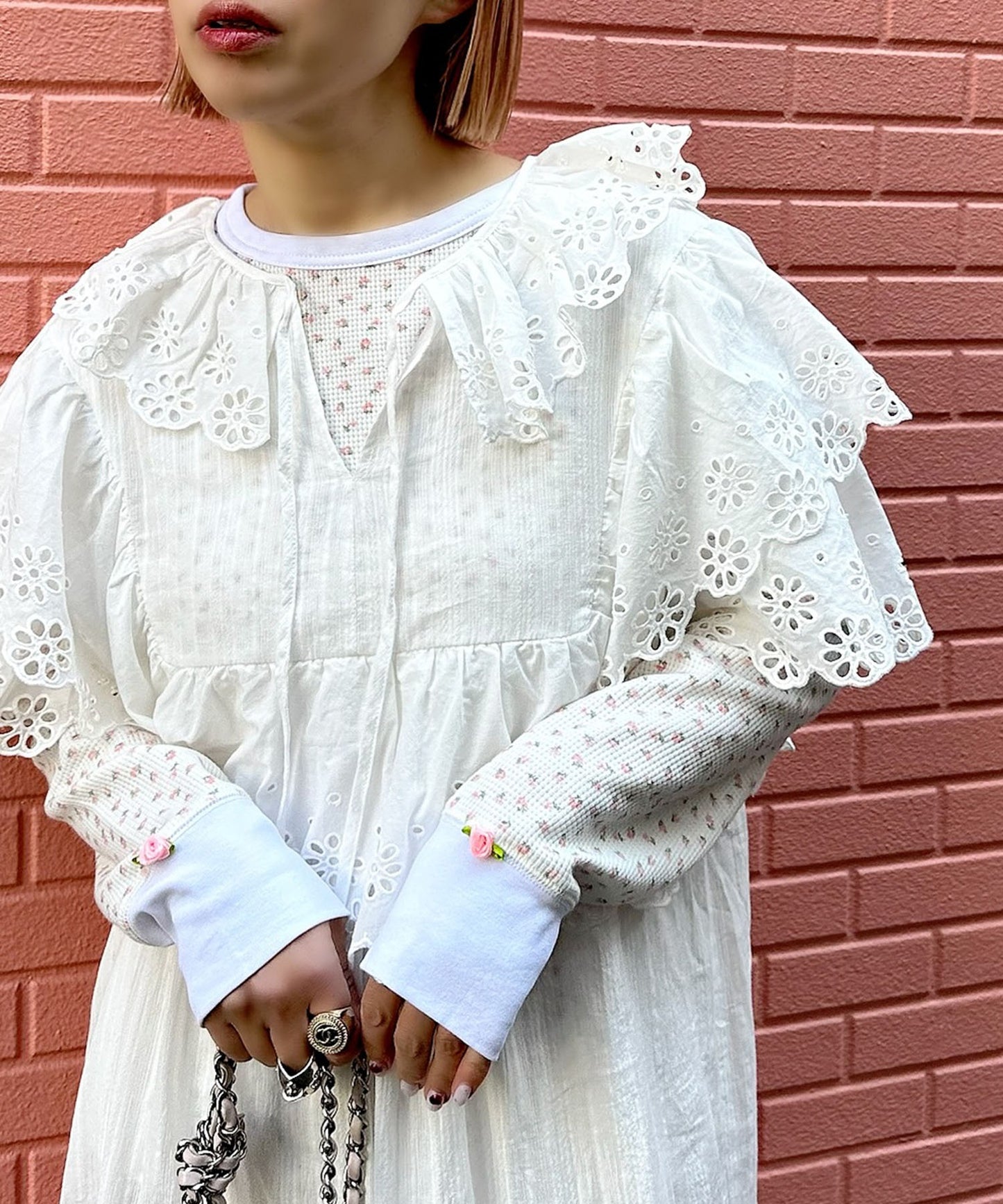 レースどっさり半袖ワンピース【ホワイト】