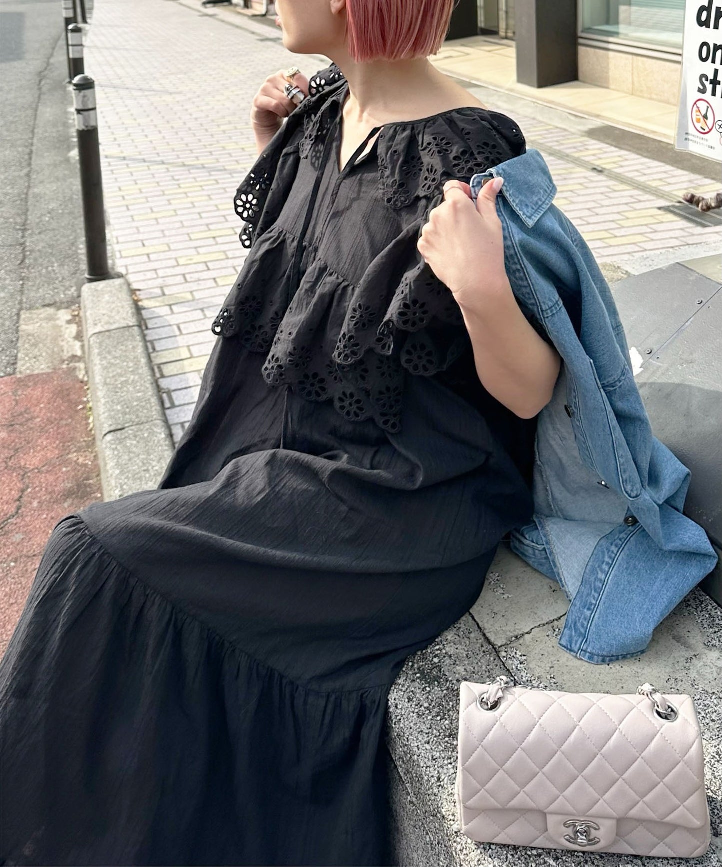 レースどっさり半袖ワンピース【ブラック】