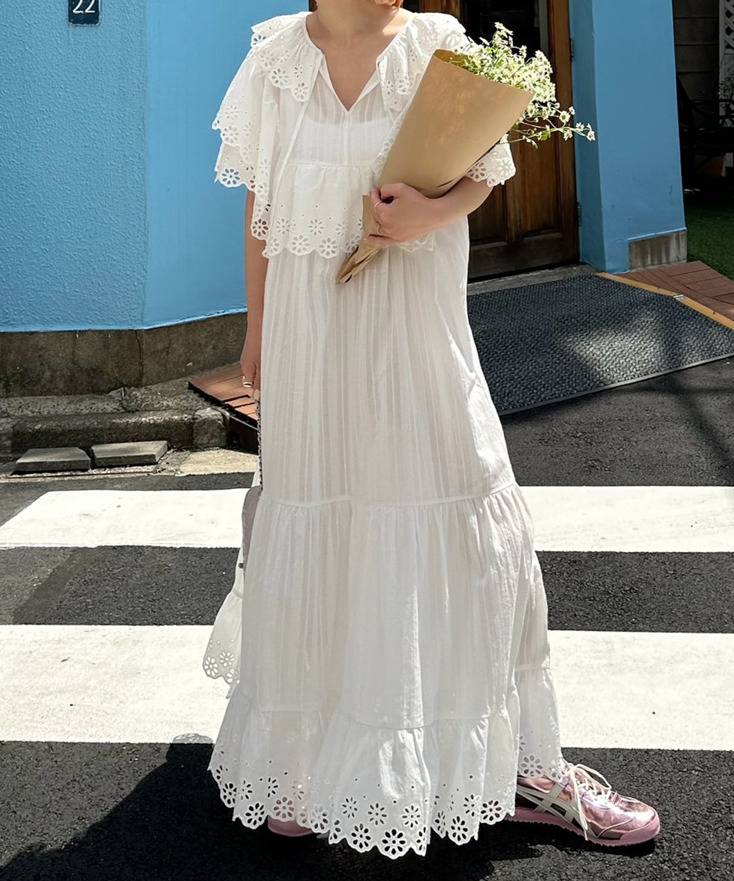 レースどっさり半袖ワンピース【ホワイト】