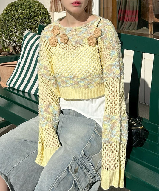 フラワーモチーフメッシュカラフルニット【イエロー】
