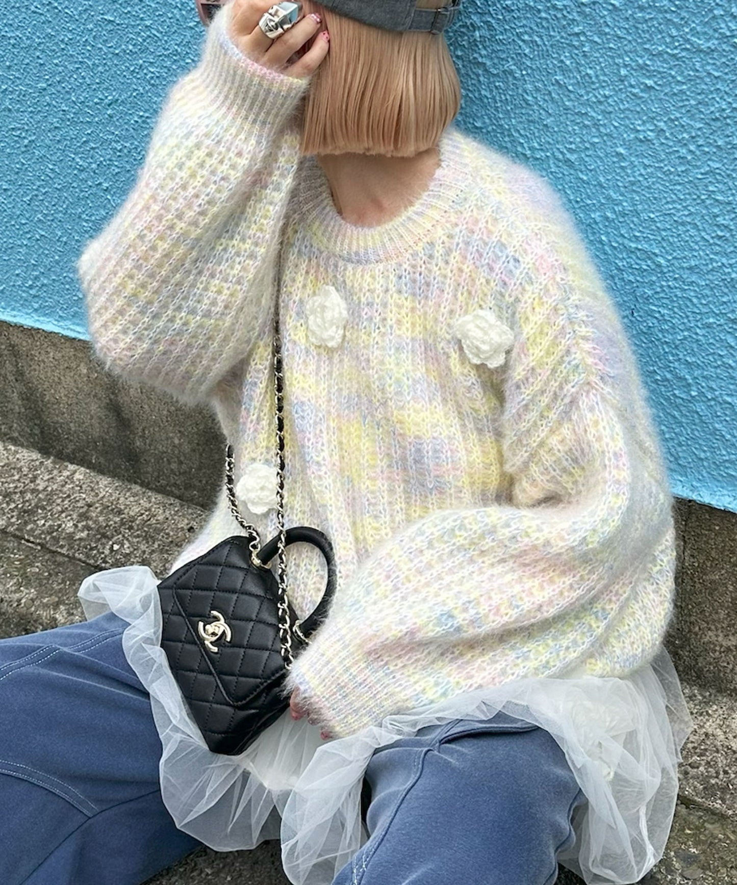 お花モチーフニット【イエロー】