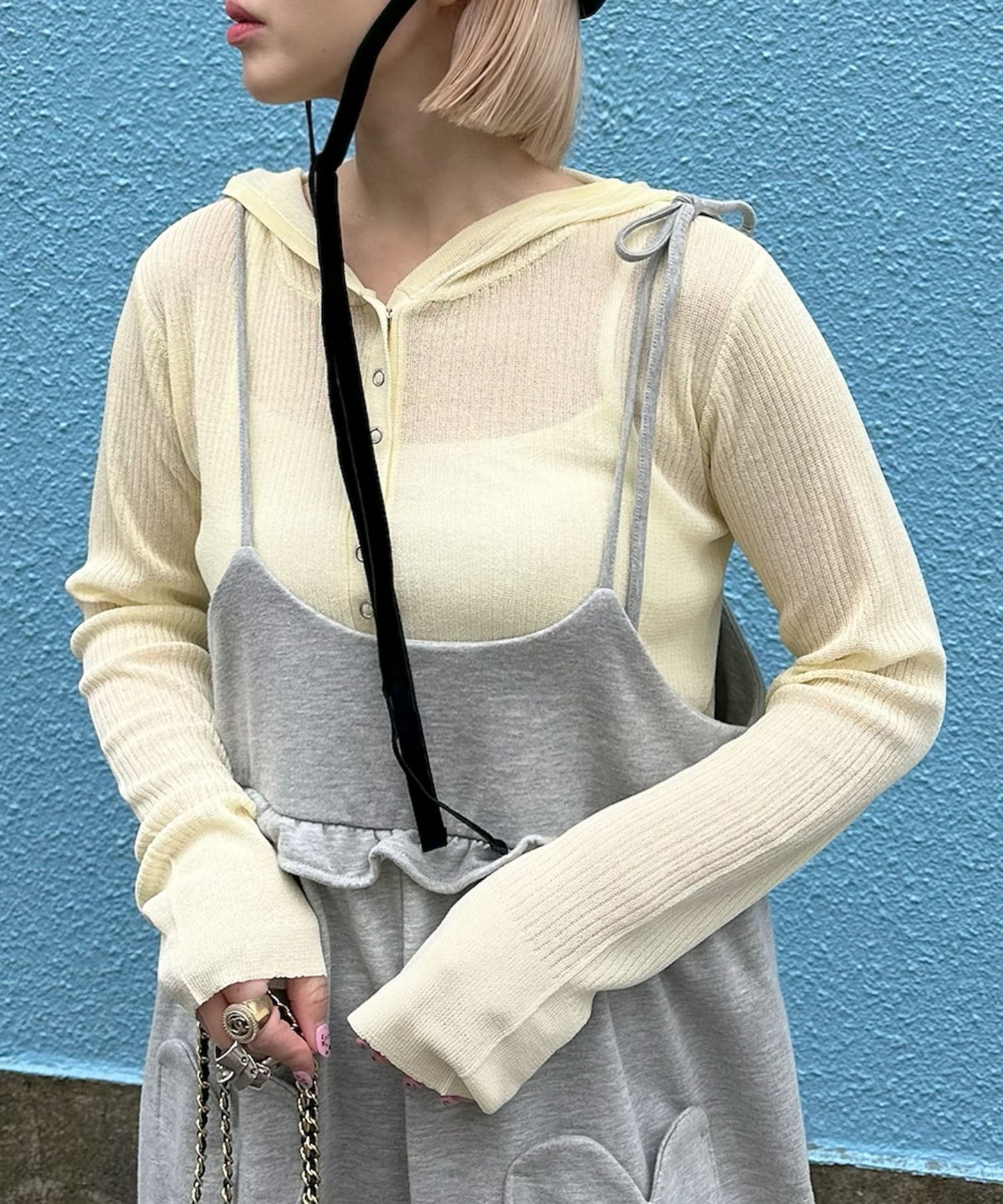 フード付シアーニットトップス【イエロー】