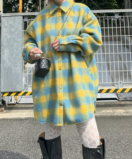 起毛チェックBIGシャツブルゾン【イエロー】