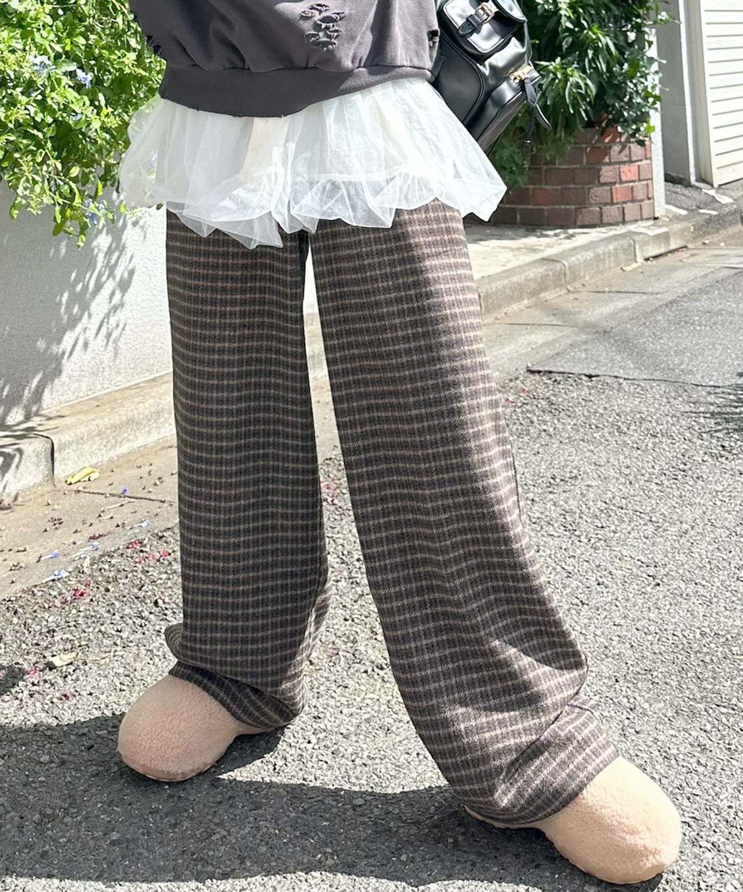 【セットにもなる！】チェック太パンツ【ブラウン】