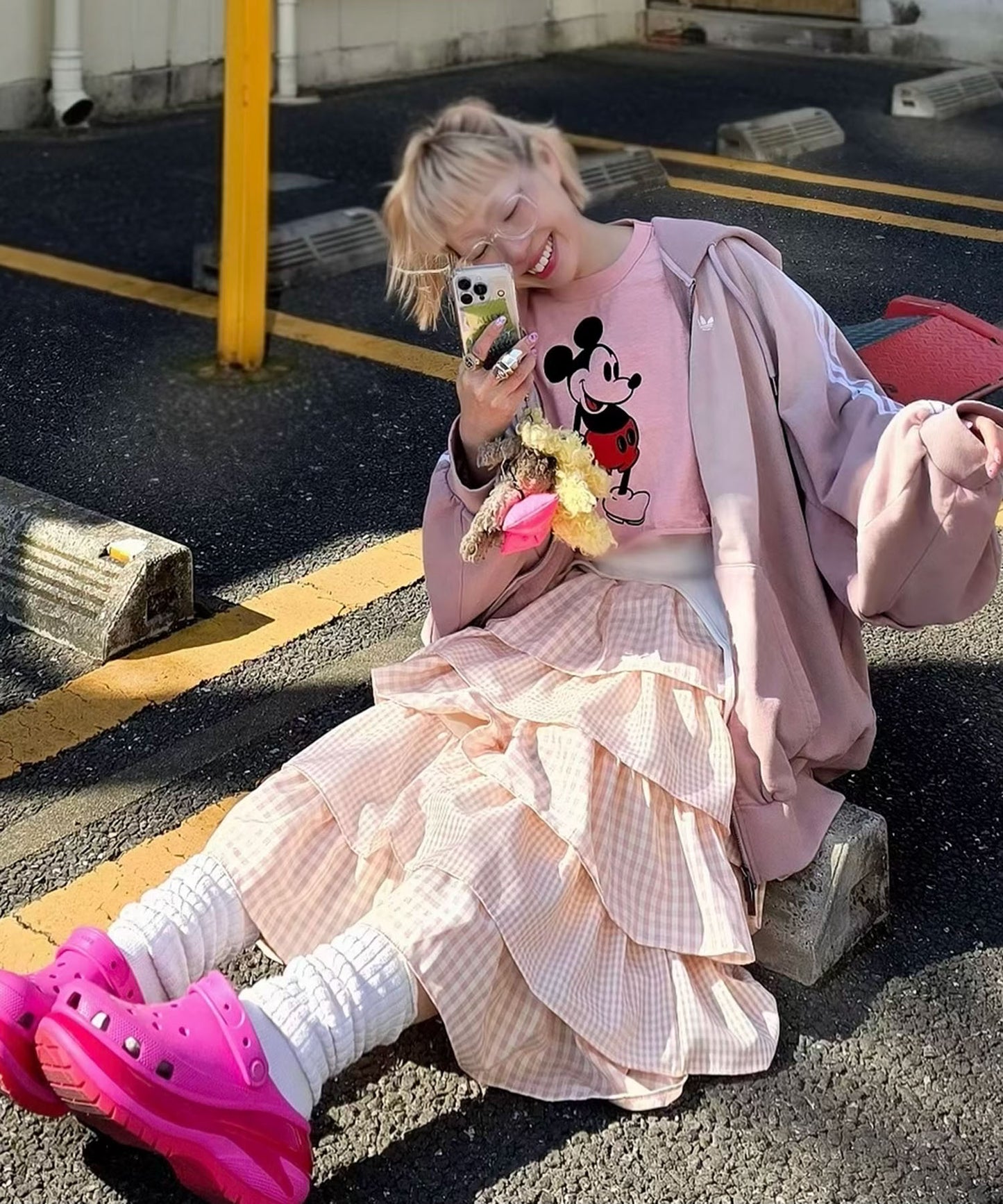 ティアードギンガムボリュームスカート【ピンク】