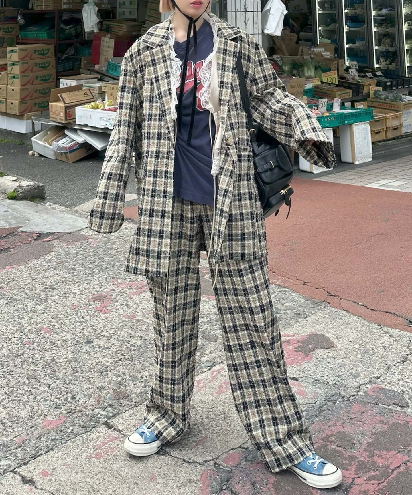 【セットアップで着られる】チェックイージーパンツ【ブラック】