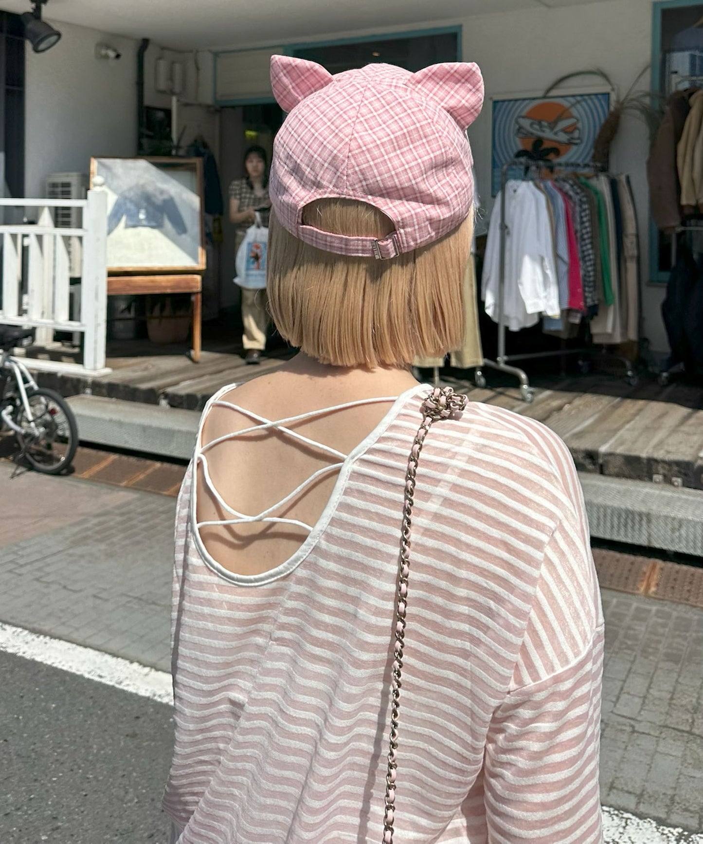 ネコ耳チェックキャップ【ピンク】