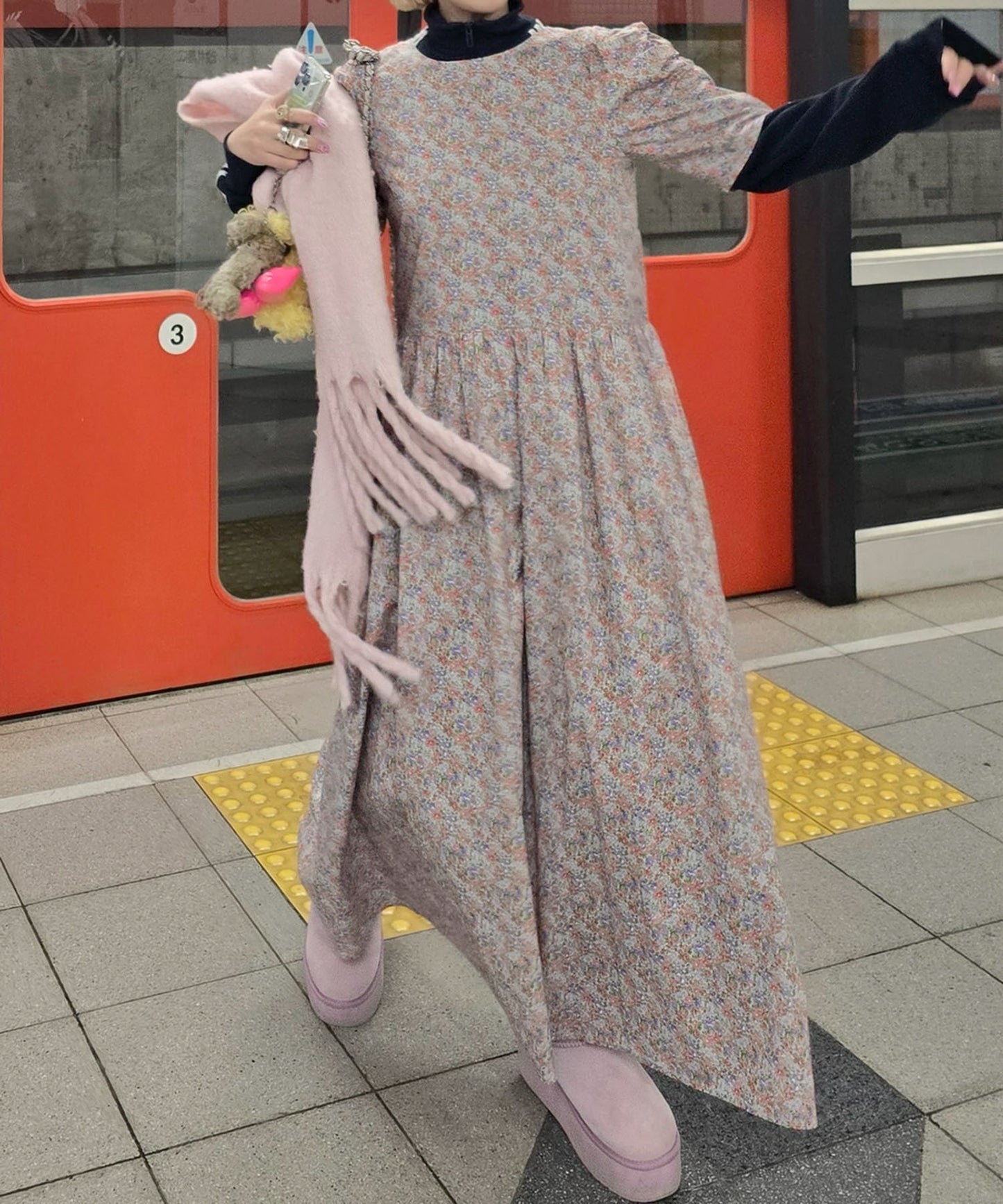 古着っぽワンピ【サックスブルー】