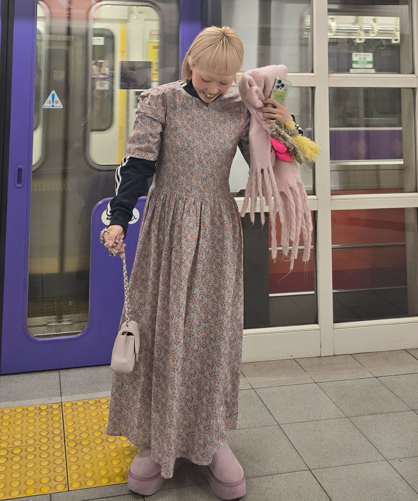 古着っぽワンピ【サックスブルー】