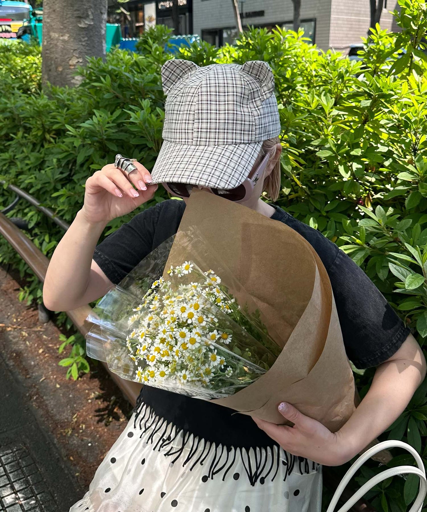 ネコ耳チェックキャップ【ベージュ】