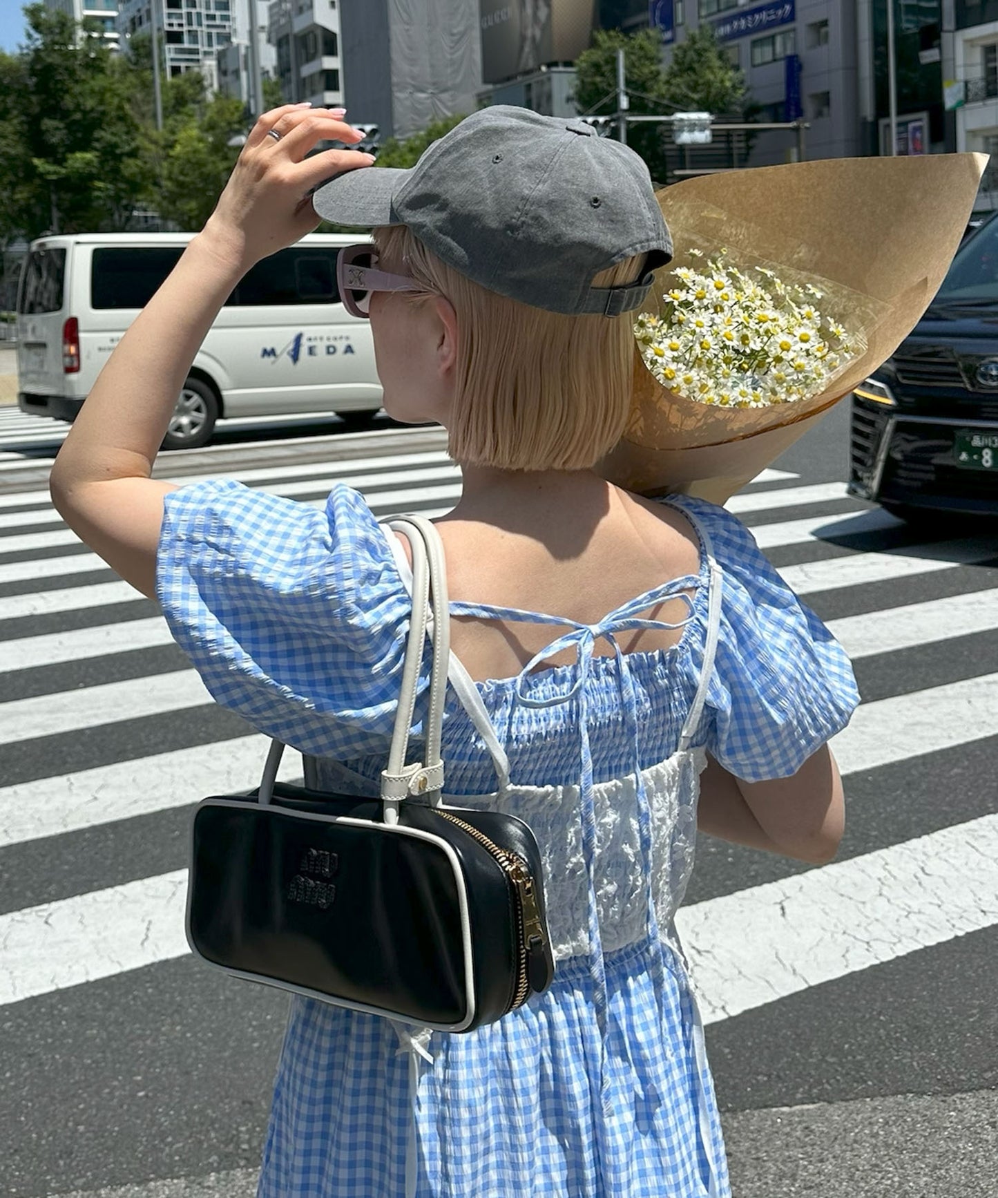 ギンガムシャーリングワンピ【サックスブルー】
