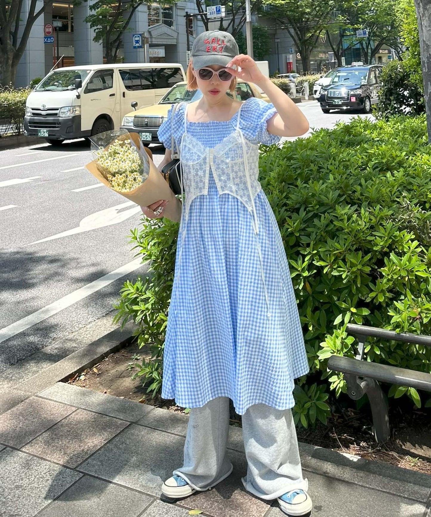 ギンガムシャーリングワンピ【サックスブルー】