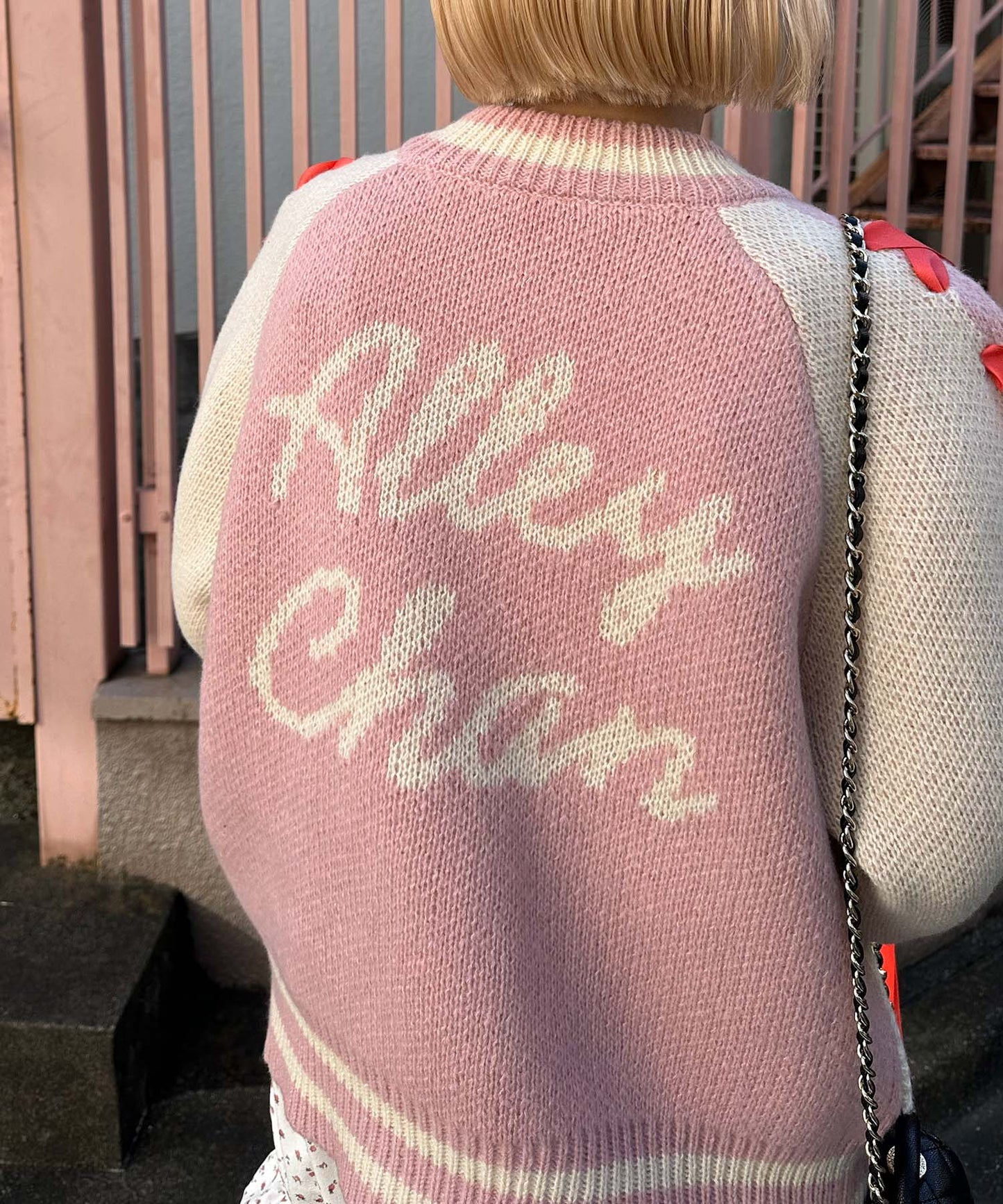 袖リボンALLEYニットスタジャン【ピンク】