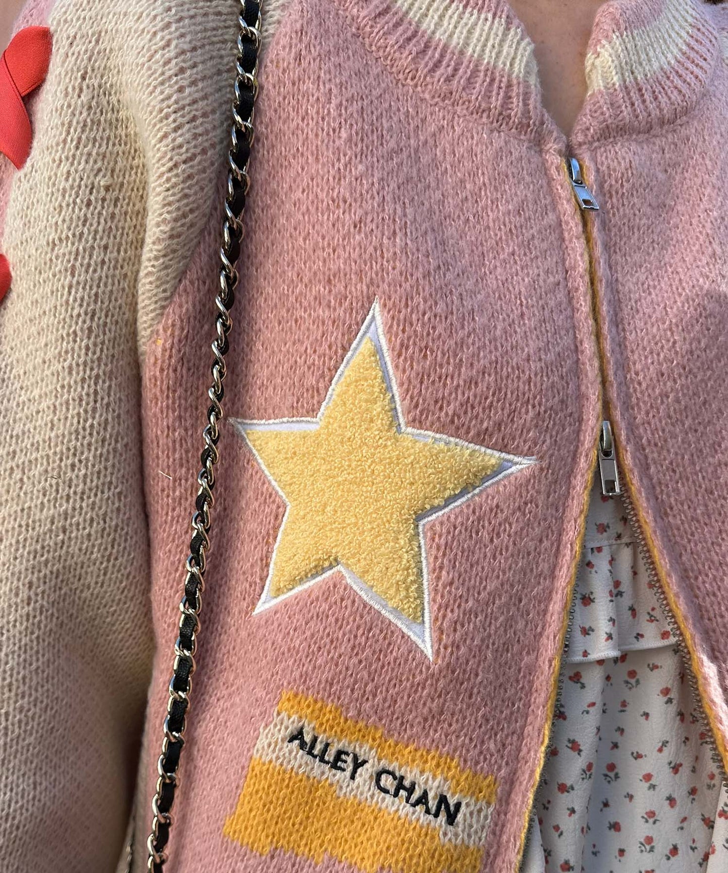 袖リボンALLEYニットスタジャン【ピンク】