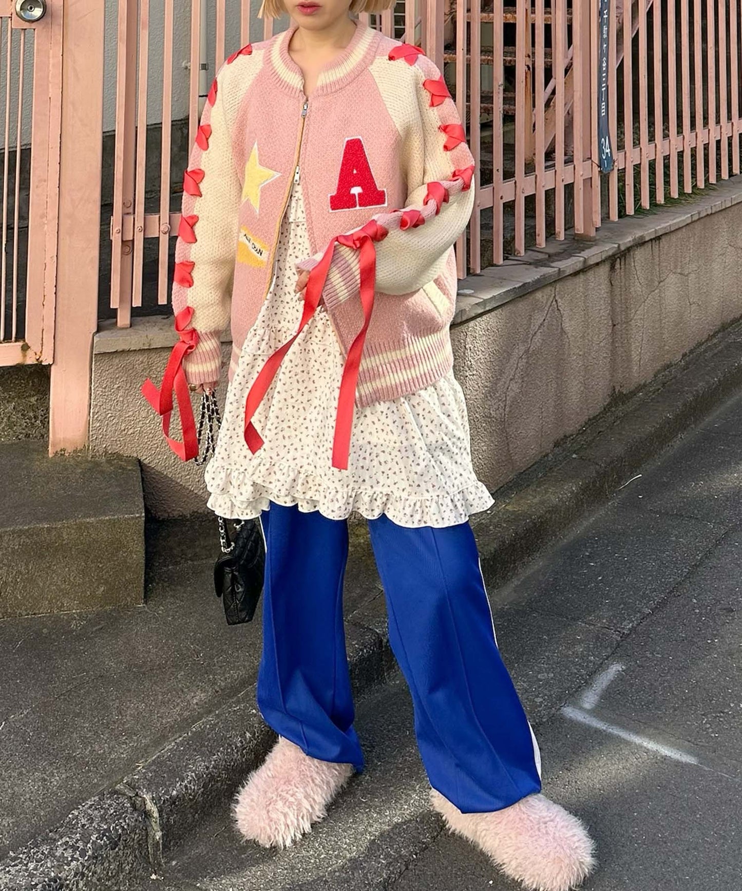 袖リボンALLEYニットスタジャン【ピンク】