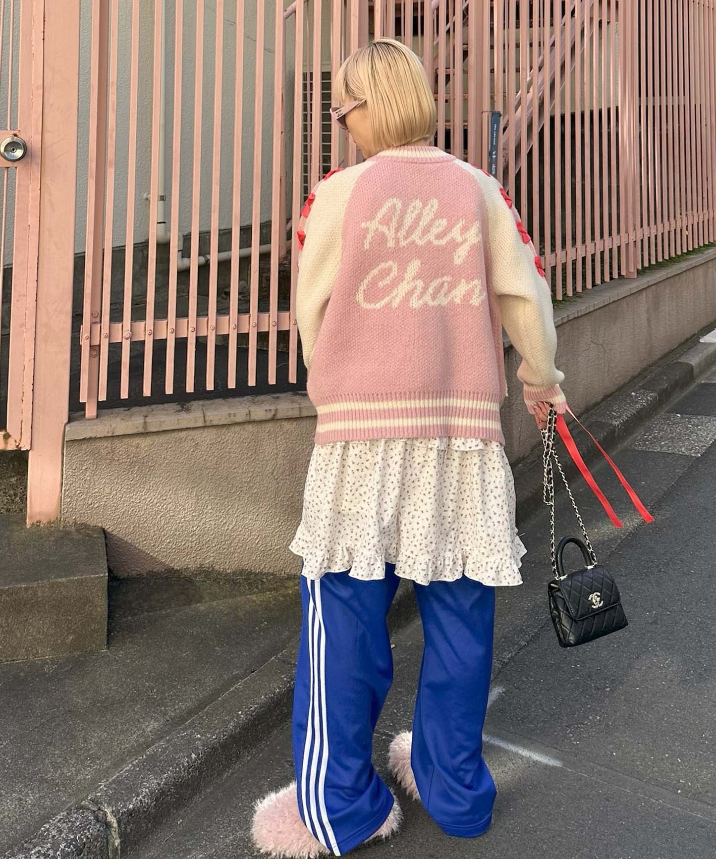 袖リボンALLEYニットスタジャン【ピンク】