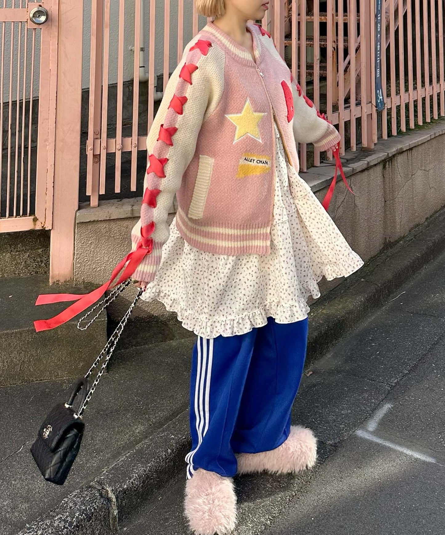 袖リボンALLEYニットスタジャン【ピンク】