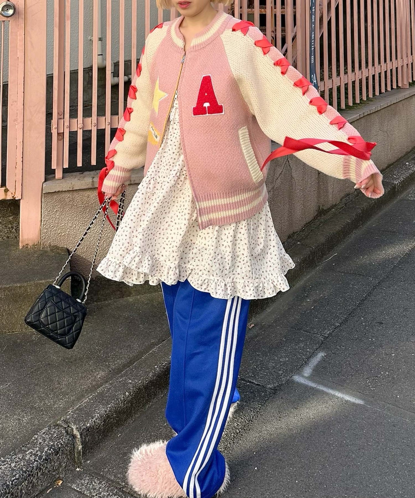 袖リボンALLEYニットスタジャン【ピンク】