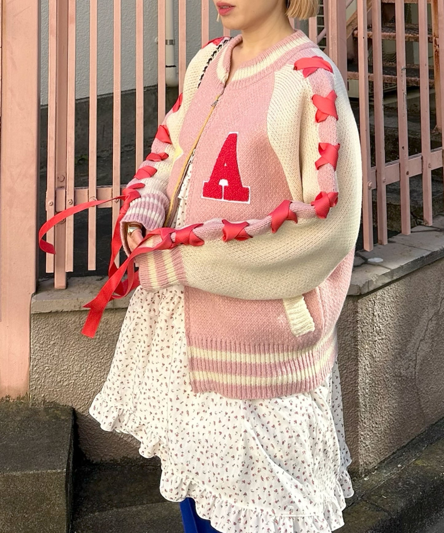 袖リボンALLEYニットスタジャン【ピンク】