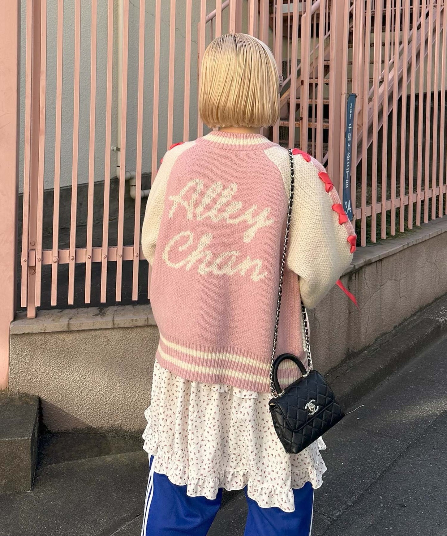 袖リボンALLEYニットスタジャン【ピンク】