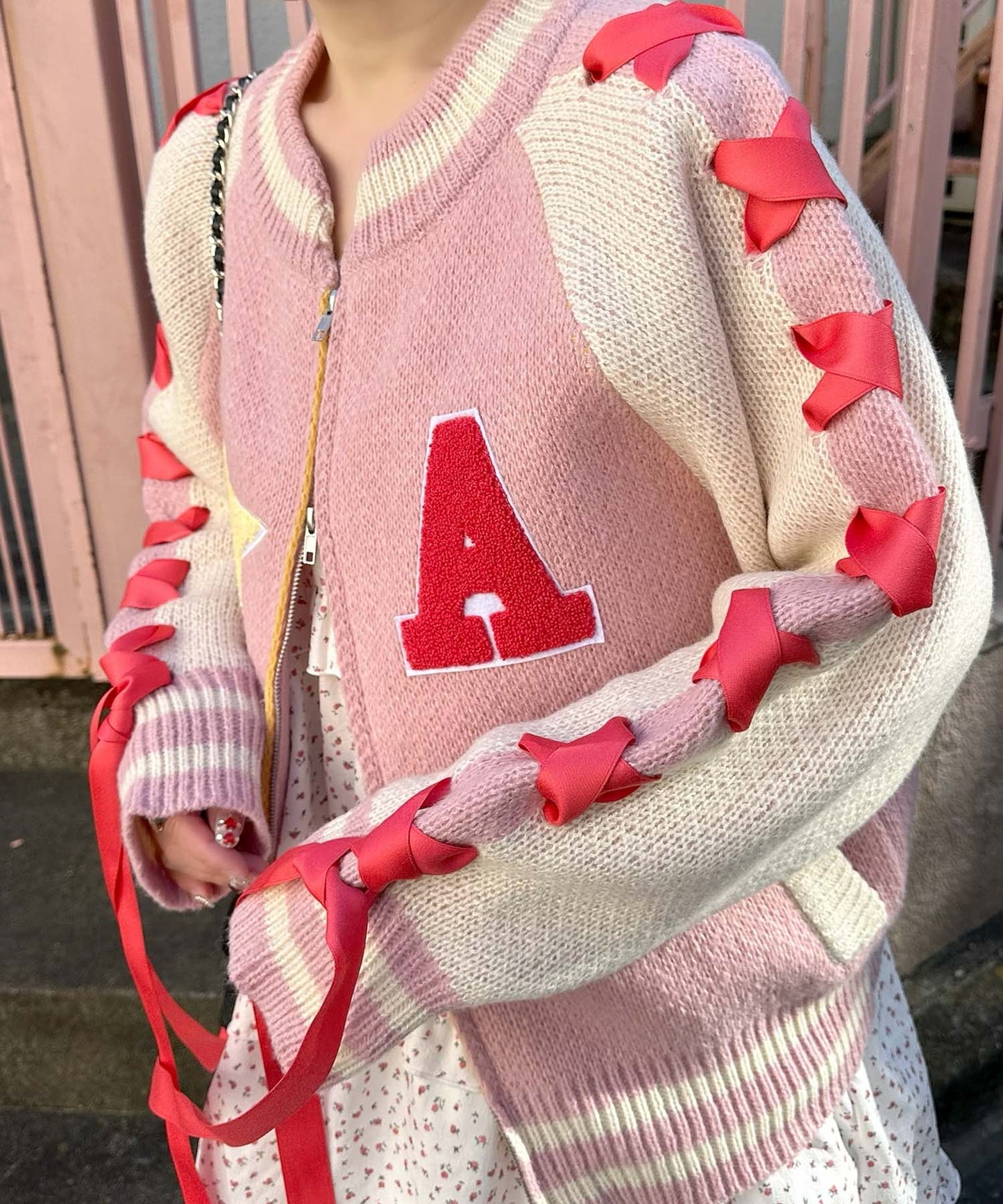 袖リボンALLEYニットスタジャン【ピンク】