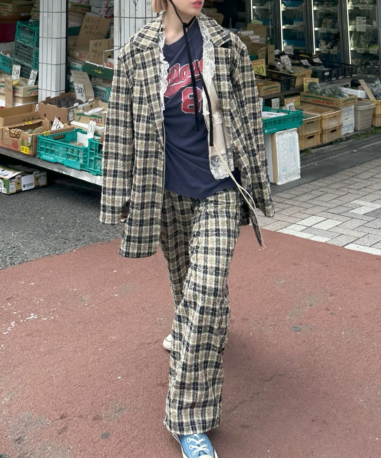 【セットアップで着られる】チェックイージーパンツ【ブラック】
