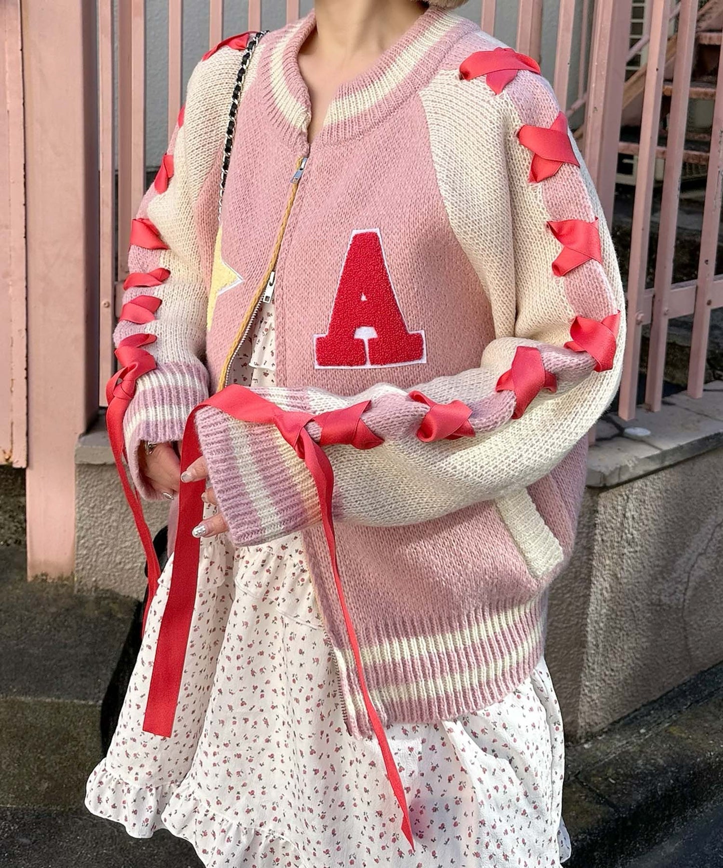 袖リボンALLEYニットスタジャン【ピンク】