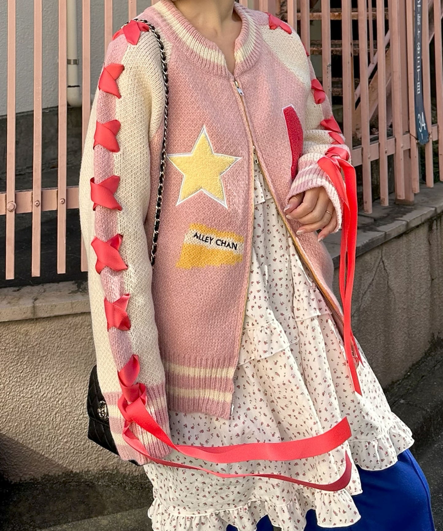 袖リボンALLEYニットスタジャン【ピンク】