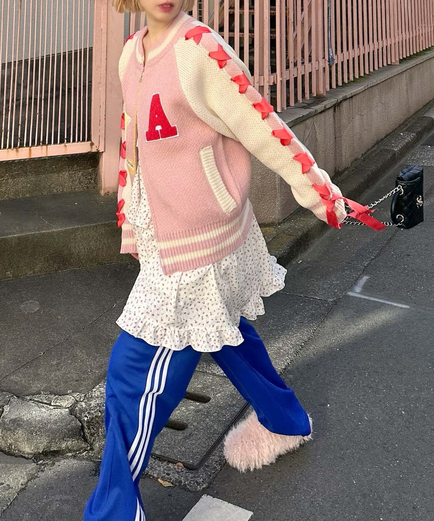 袖リボンALLEYニットスタジャン【ピンク】