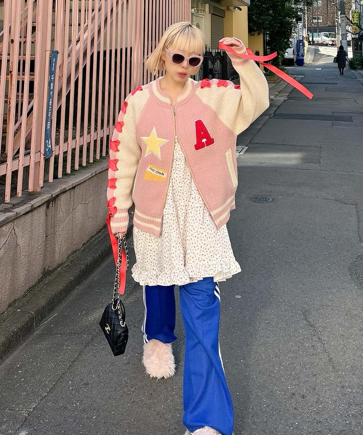 袖リボンALLEYニットスタジャン【ピンク】