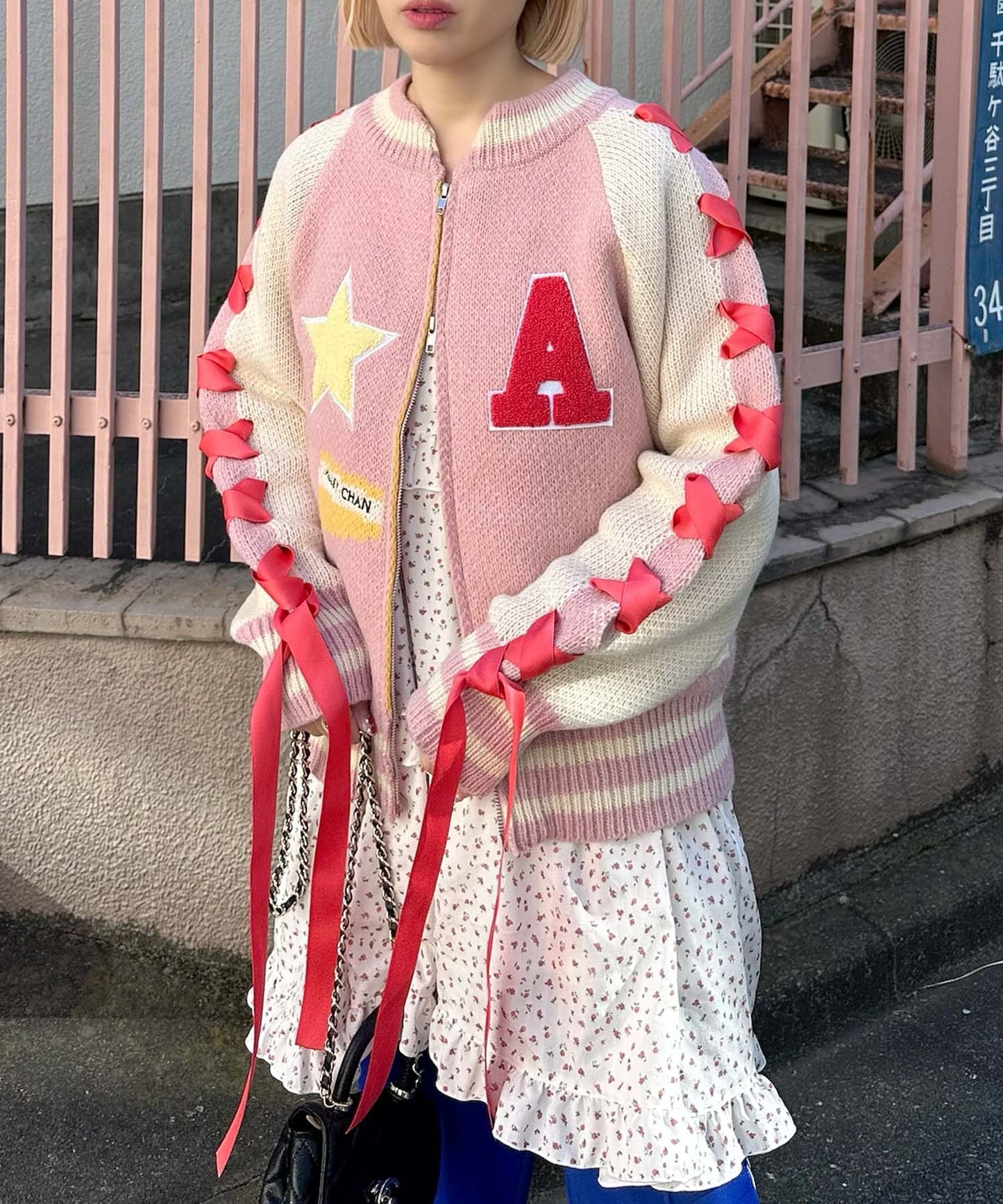 袖リボンALLEYニットスタジャン【ピンク】