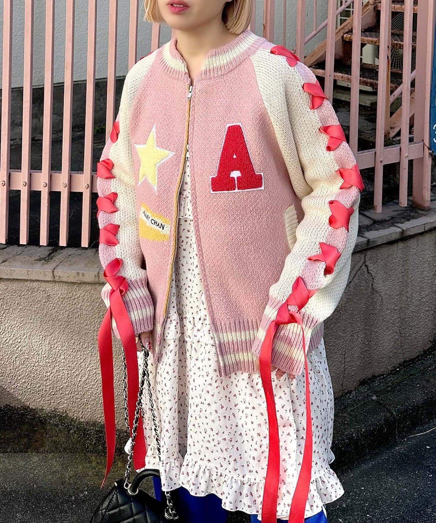 袖リボンALLEYニットスタジャン【ピンク】