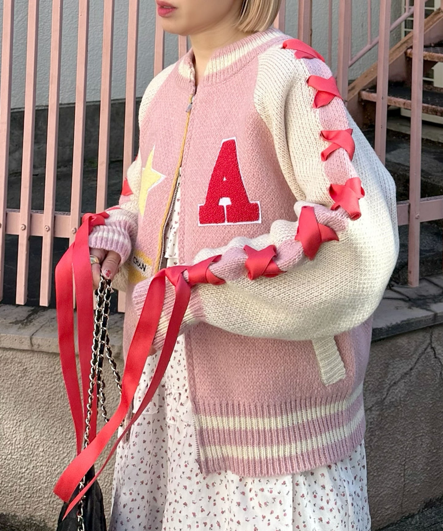 袖リボンALLEYニットスタジャン【ピンク】