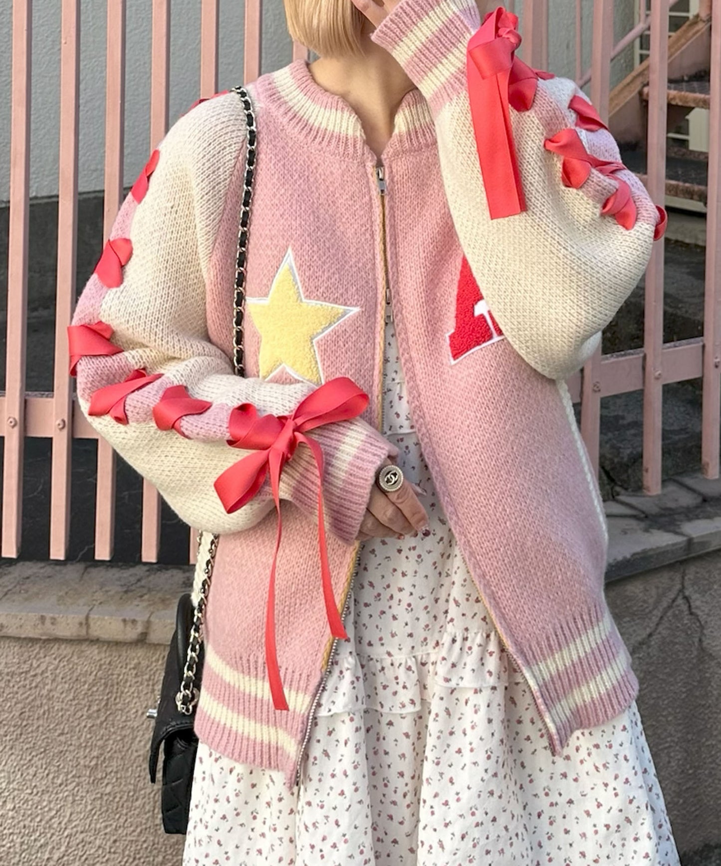 袖リボンALLEYニットスタジャン【ピンク】